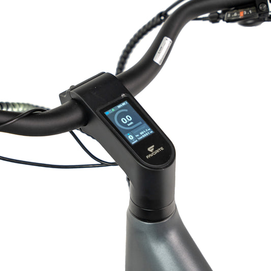 Favorite Smart Display mounted on e-bike handlebar, compatible with Hybrid Series for real-time speed and battery monitoring.