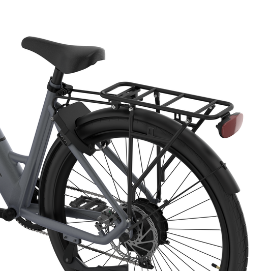 Hybrid Series E-Bike Rack & Custom Rear Lights - Favoritebikes installed on rear wheel, showing sturdy frame attachment and rear light integration.