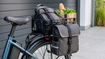 E-bike rear rack and basket loaded for everyday cargo, illustrating secure basket and rack carrying tips.
