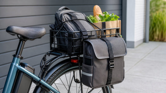 E-bike rear rack and basket loaded for everyday cargo, illustrating secure basket and rack carrying tips.