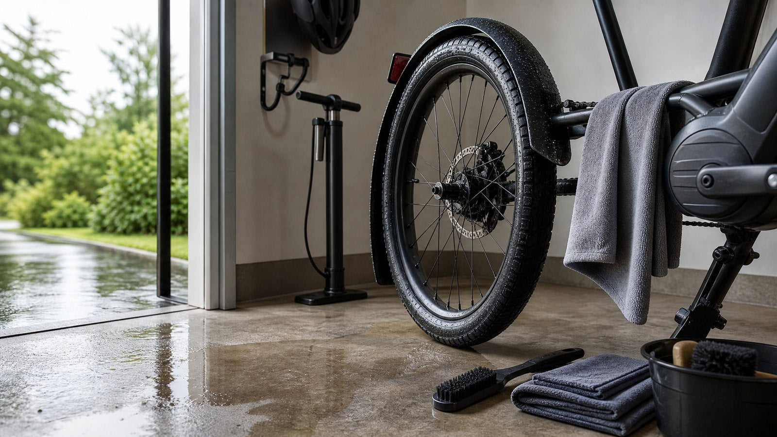 E-bike wheel, fender, towel, and drying tools after rain, illustrating a practical after-rain checklist.