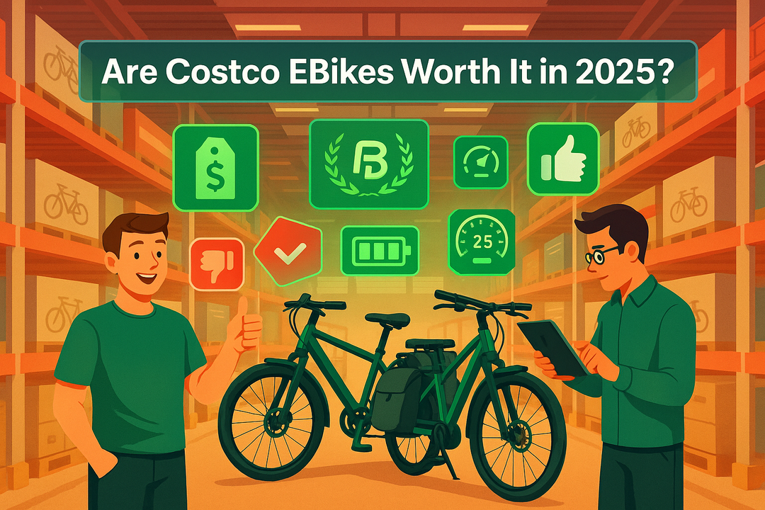 Digital illustration of two shoppers evaluating electric bikes in a Costco-style warehouse, surrounded by floating icons for price, battery, speed, and thumbs-updown to symbolize a review