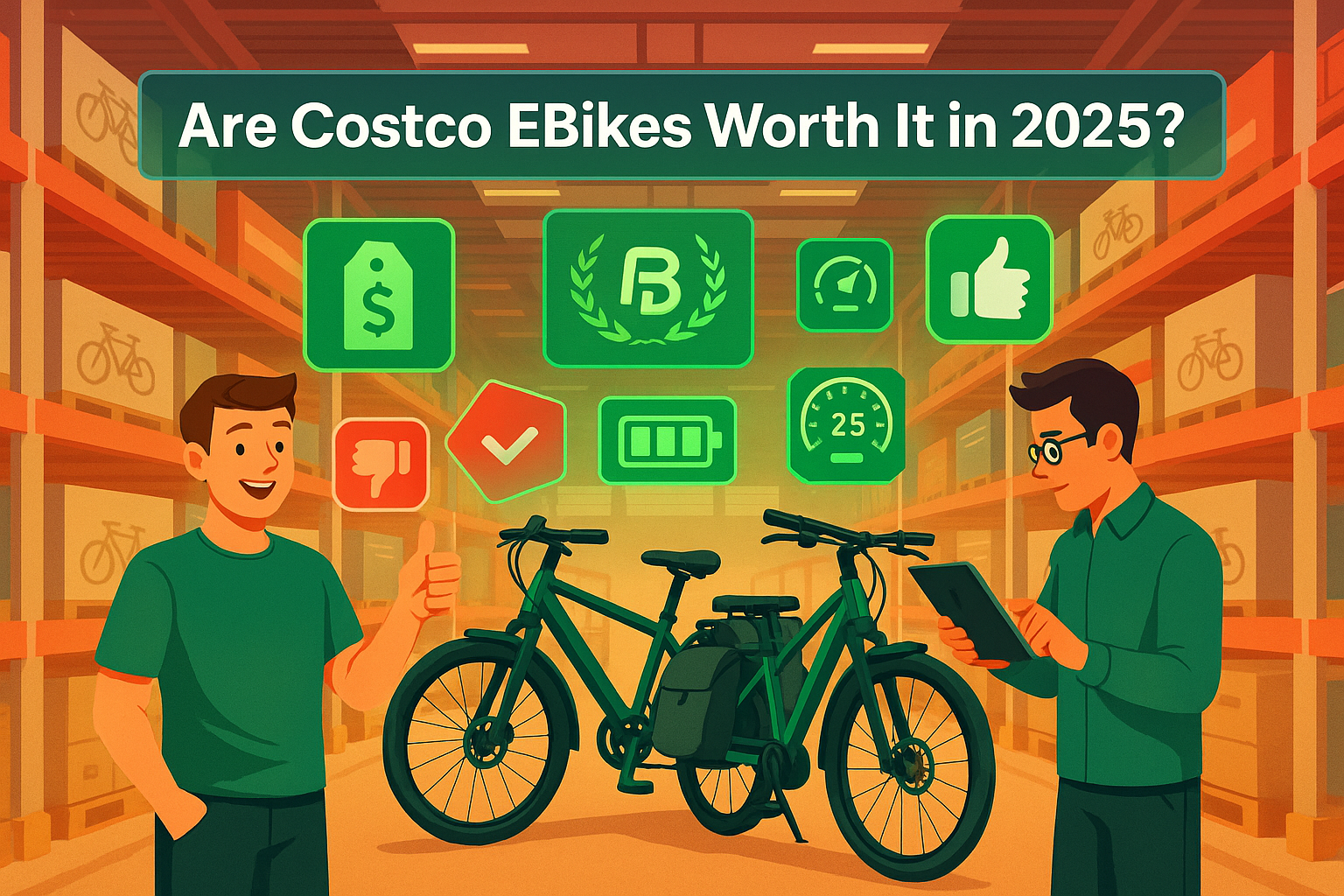 Digital illustration of two shoppers evaluating electric bikes in a Costco-style warehouse, surrounded by floating icons for price, battery, speed, and thumbs-updown to symbolize a review