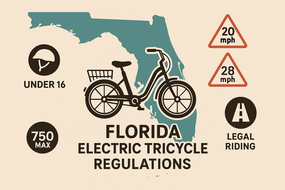  Florida’s e-trike rules—750 W max motor, 20/28 mph class limits, under-16 helmet icon, and where you can legally ride—all over a teal silhouette of the state