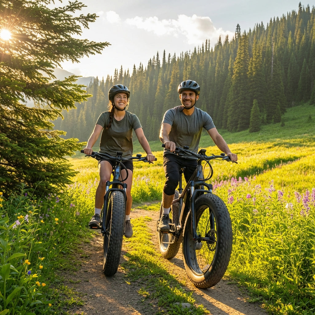Couple riding FavoriteBikes StormX ST fat tire e-bikes on a scenic trail