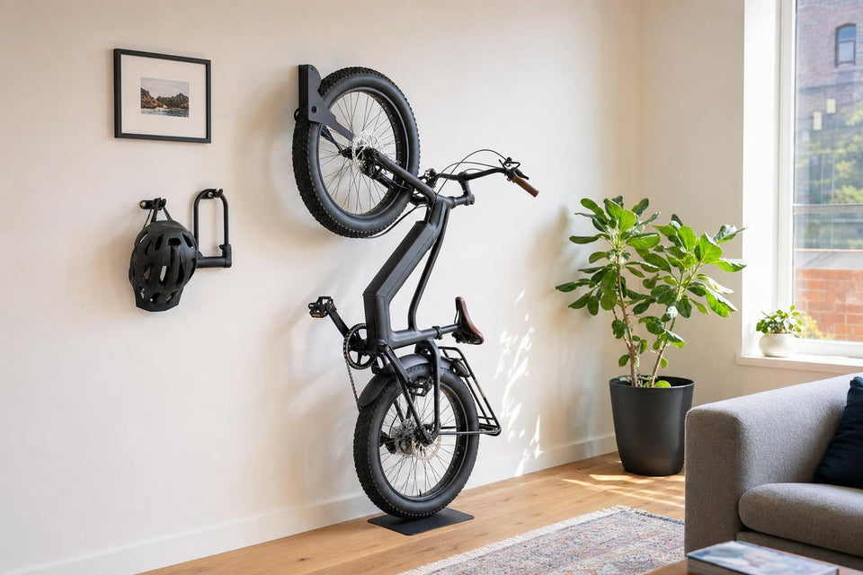 FavoriteBikes e-bike stored upright on a vertical wall mount inside a clean, well-lit apartment living room with a rubber-backed floor mat under the wheels and the battery on a charging shelf at room temperature