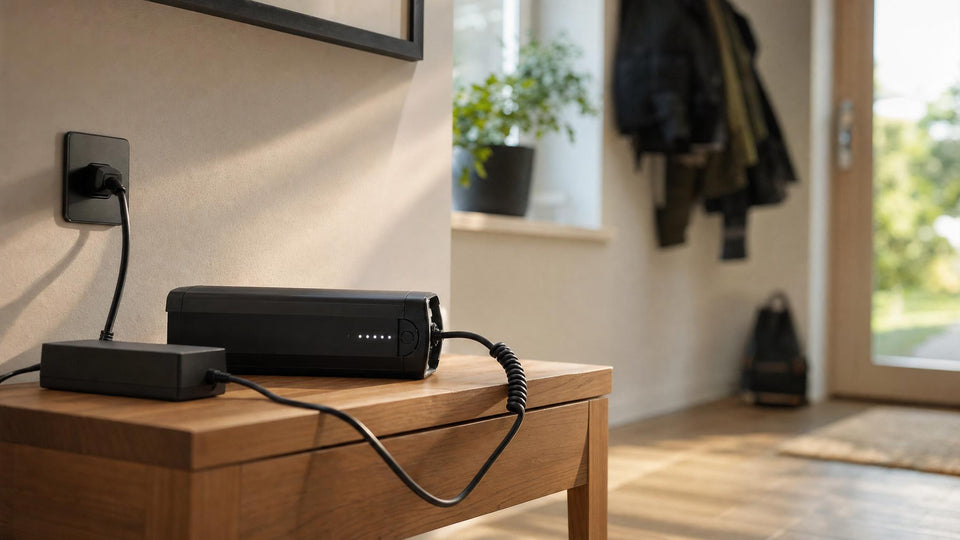 E-bike battery pack resting on a wooden side table, plugged into its charger via a coiled cable in a calm, well-lit indoor entryway