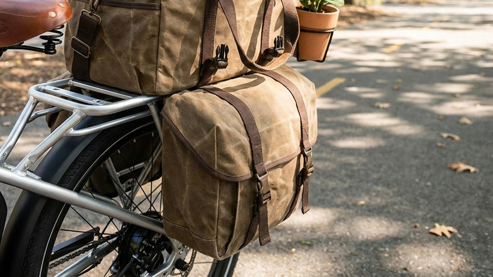 Close-up e-bike rear rack with balanced cargo bags for commuting and errands