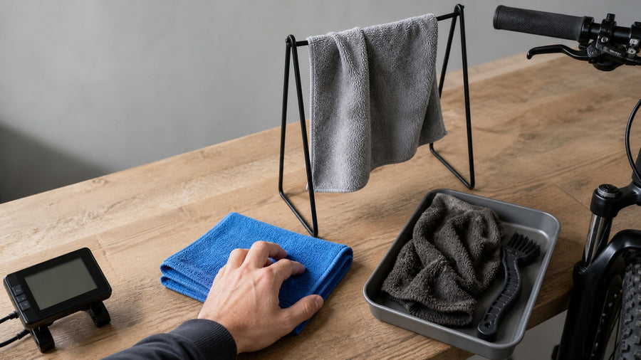 Blue, gray, and dark microfiber cloths separated by task on an e-bike cleaning workbench
