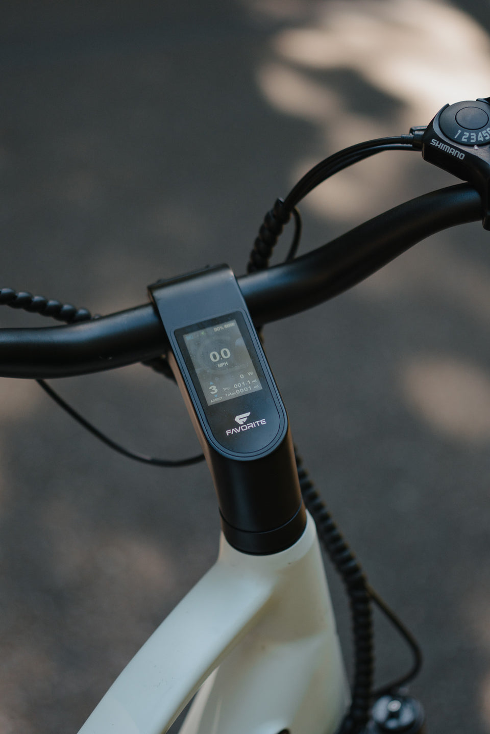 Close-up of an e-bike handlebar display and controls before a ride.