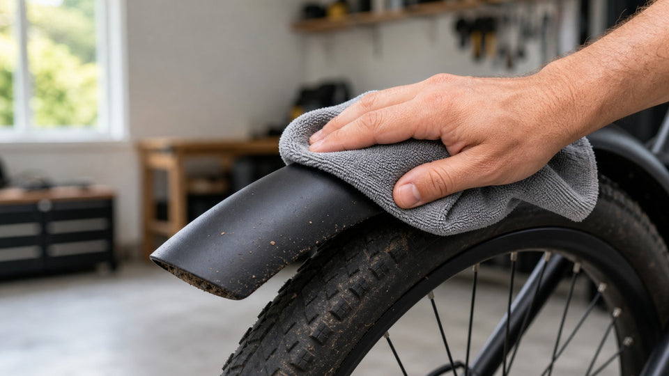 A rear bicycle fender being wiped clean with a microfiber cloth
