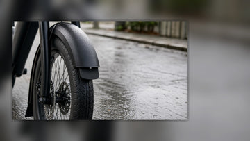 Close-up of an e-bike front fender and mudguard above a wet tire.