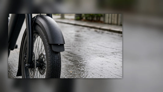 Close-up of an e-bike front fender and mudguard above a wet tire.