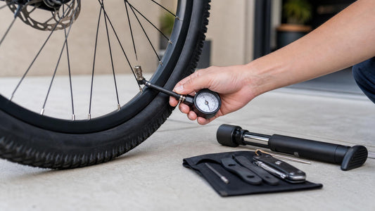 E-bike tire pressure check with gauge for flat tire prevention