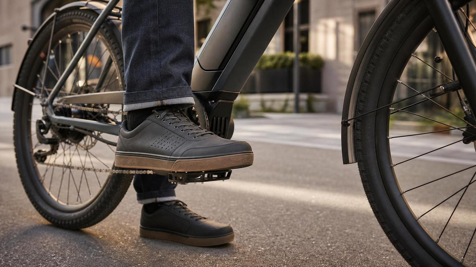 E-bike rider shoes positioned on flat pedals for grip and comfort