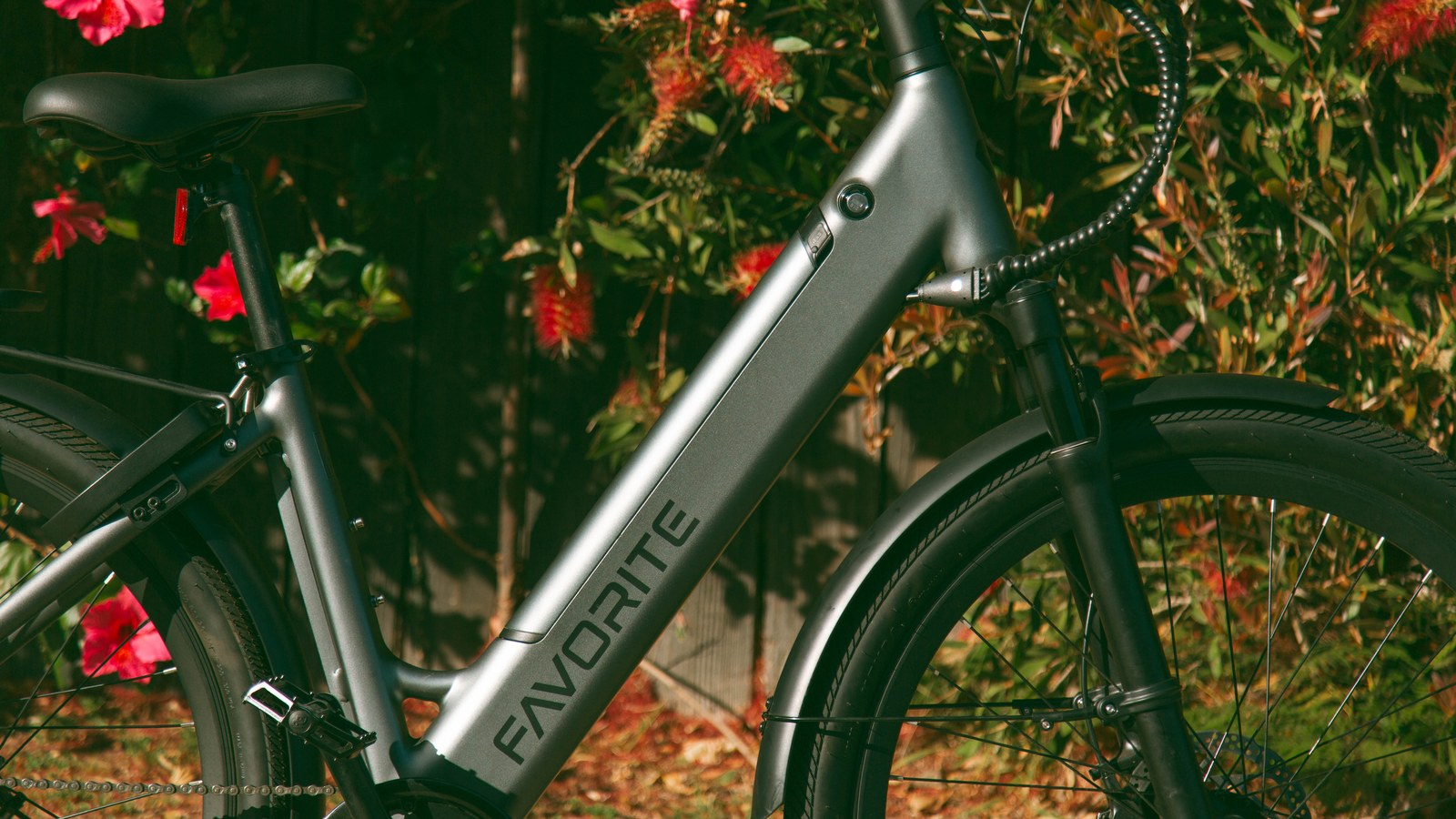 Close-up of the FAVORITE frame graphic on a silver e-bike beside red flowers