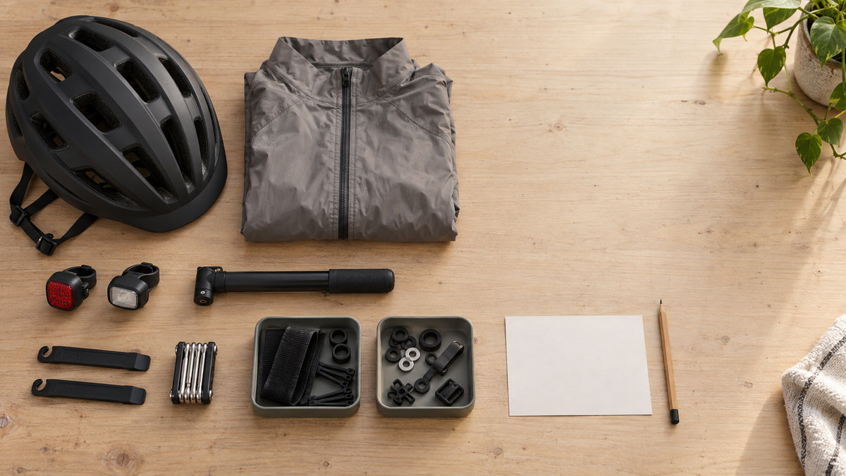 Bicycle accessories organized on a workbench with an inventory card