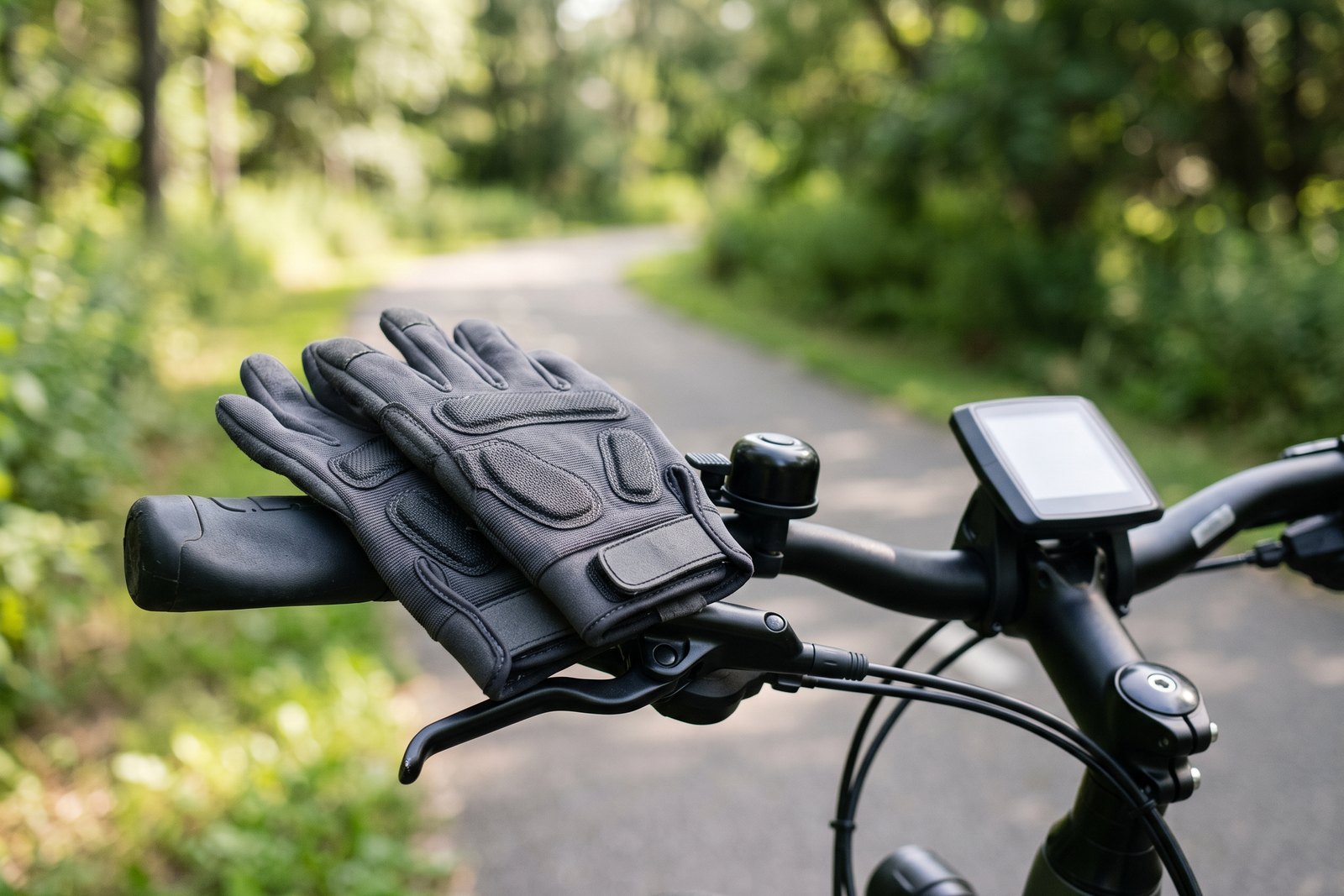 Padded cycling gloves resting on plain e-bike handlebars, illustrating grip and comfort for everyday FavoriteBikes rides.