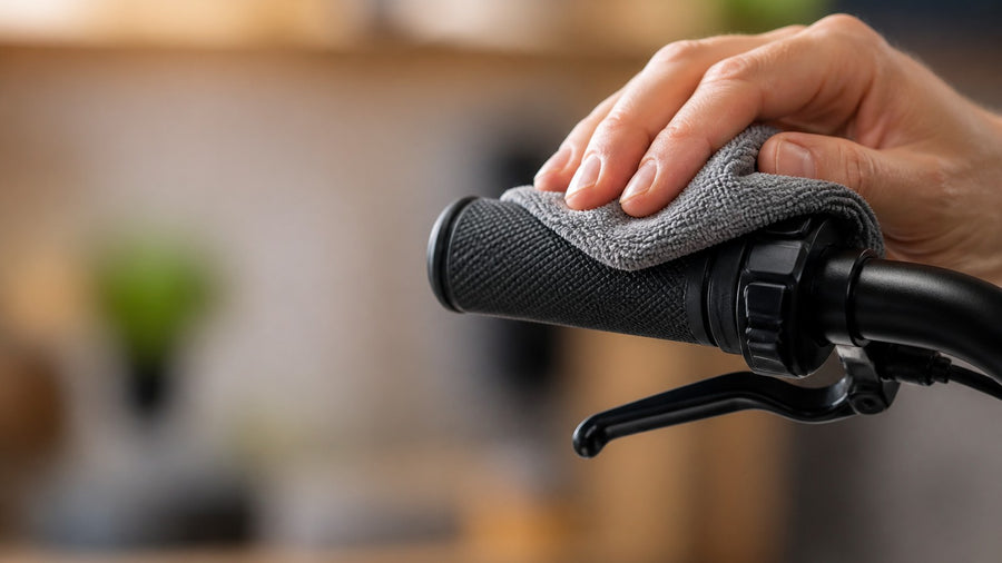A hand wipes a black e-bike handlebar grip with a gray microfiber cloth.