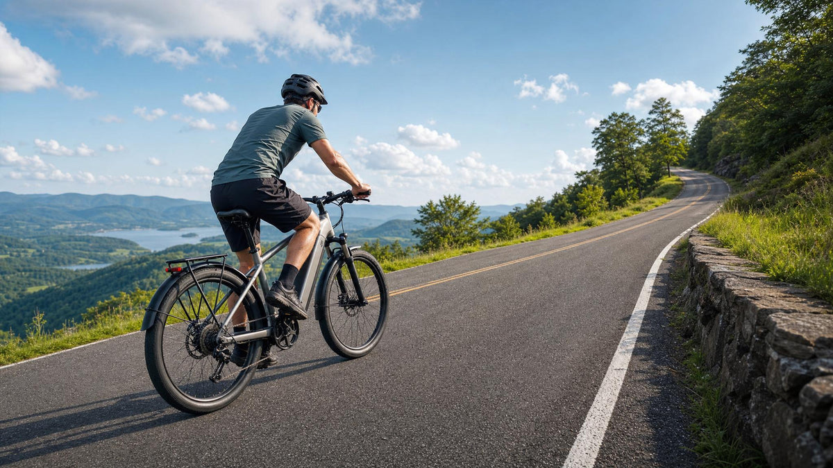 Rider on an electric bike climbing a paved hill