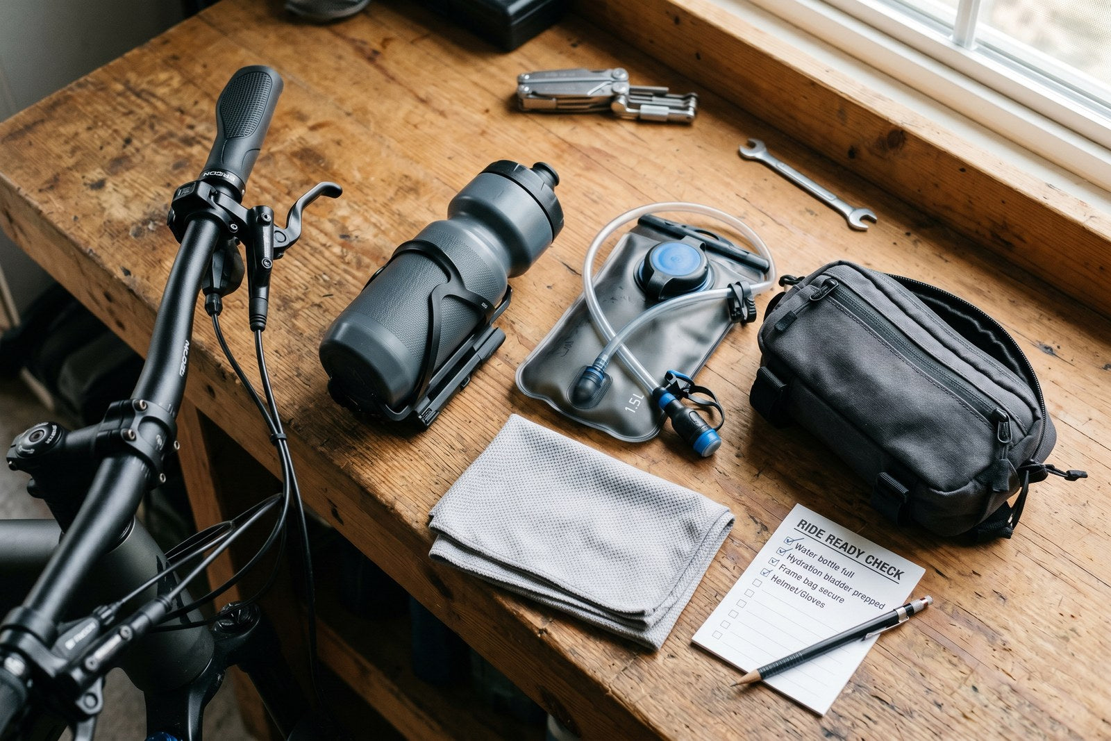Ebike hydration setup with a water bottle, cage, and riding essentials arranged for everyday FavoriteBikes rides.