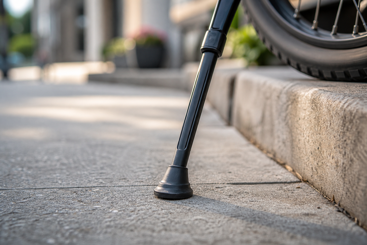 E-bike kickstand planted on pavement for stable everyday parking