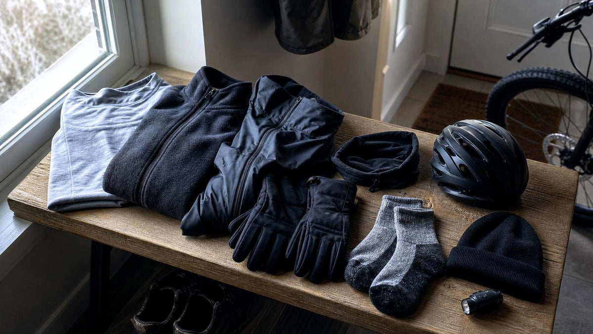 Cold-weather e-bike riding layers laid out with gloves, helmet, socks, and bike light