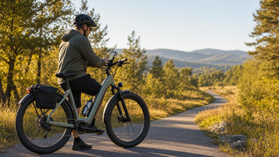 Adult e-bike rider in casual clothing pausing on a quiet sunlit paved bike path, checking a phone map on the handlebars, water bottle and rear pannier visible