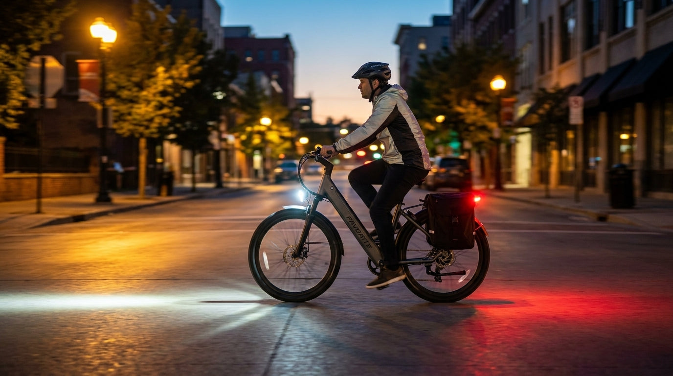 FavoriteBikes electric bike ridden at dusk on a quiet urban street with bright front headlight and glowing red rear taillight, rider in helmet and reflective jacket
