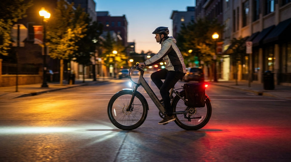 FavoriteBikes electric bike ridden at dusk on a quiet urban street with bright front headlight and glowing red rear taillight, rider in helmet and reflective jacket
