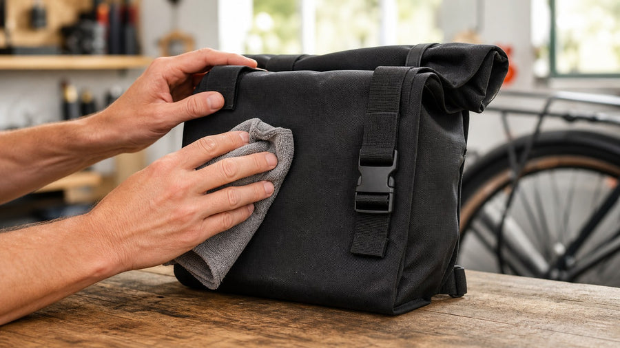 Hands wiping the side panel of a black e-bike pannier bag with a gray microfiber cloth on a wooden workbench