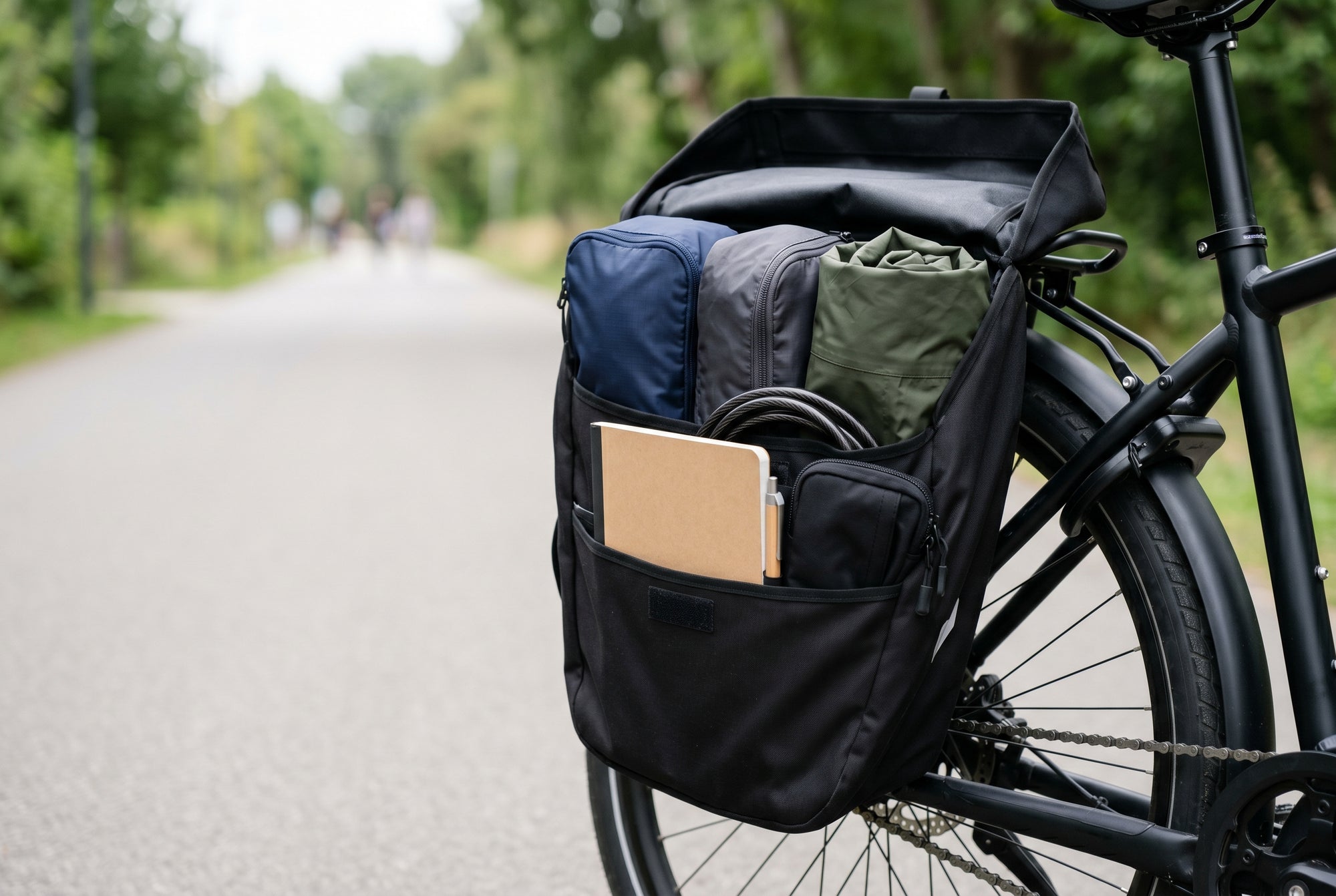 Organized e-bike pannier with packing cubes, a cable lock, notebook, and riding layers arranged for an everyday FavoriteBikes ride.