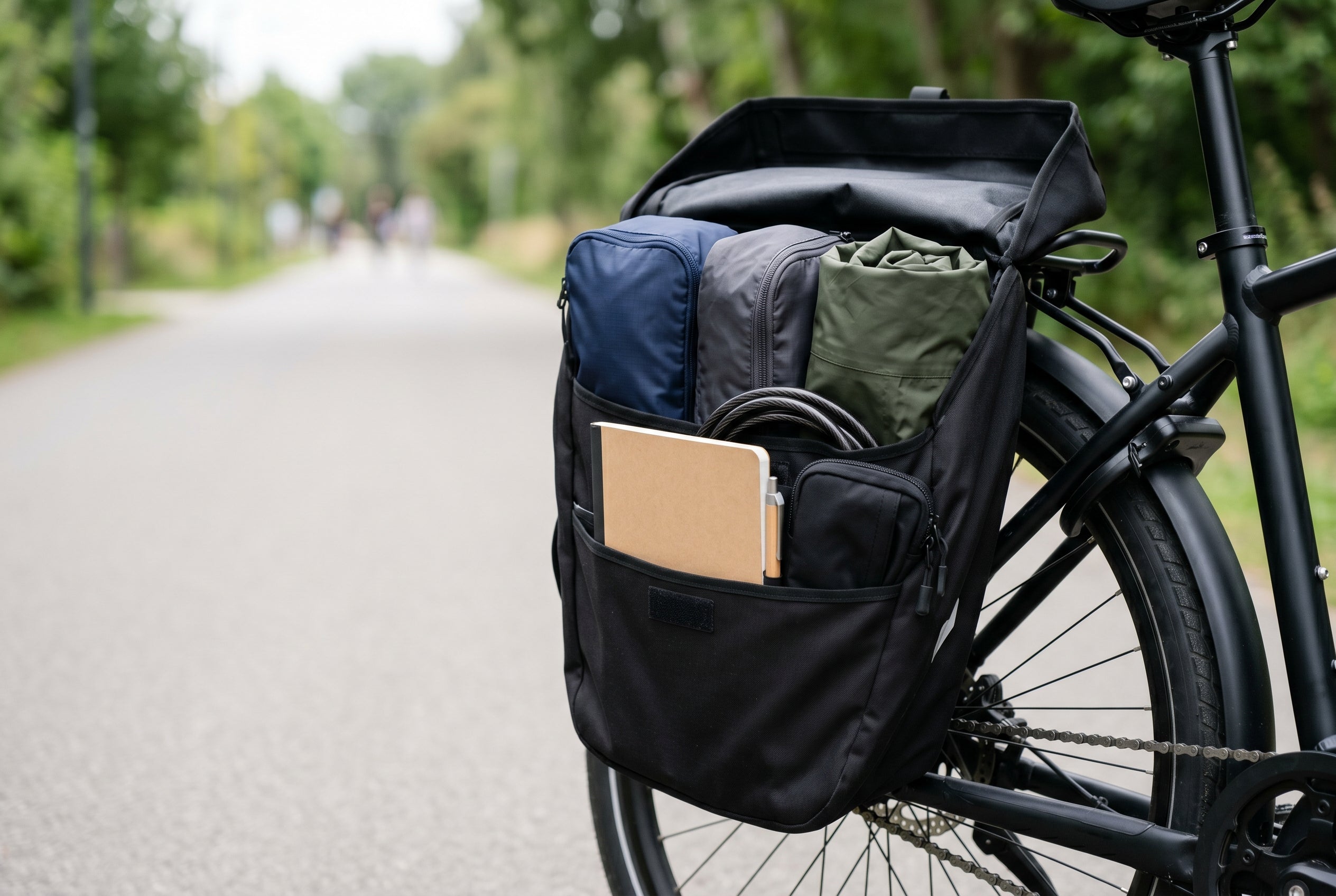 Organized e-bike pannier with packing cubes, a cable lock, notebook, and riding layers arranged for an everyday FavoriteBikes ride.