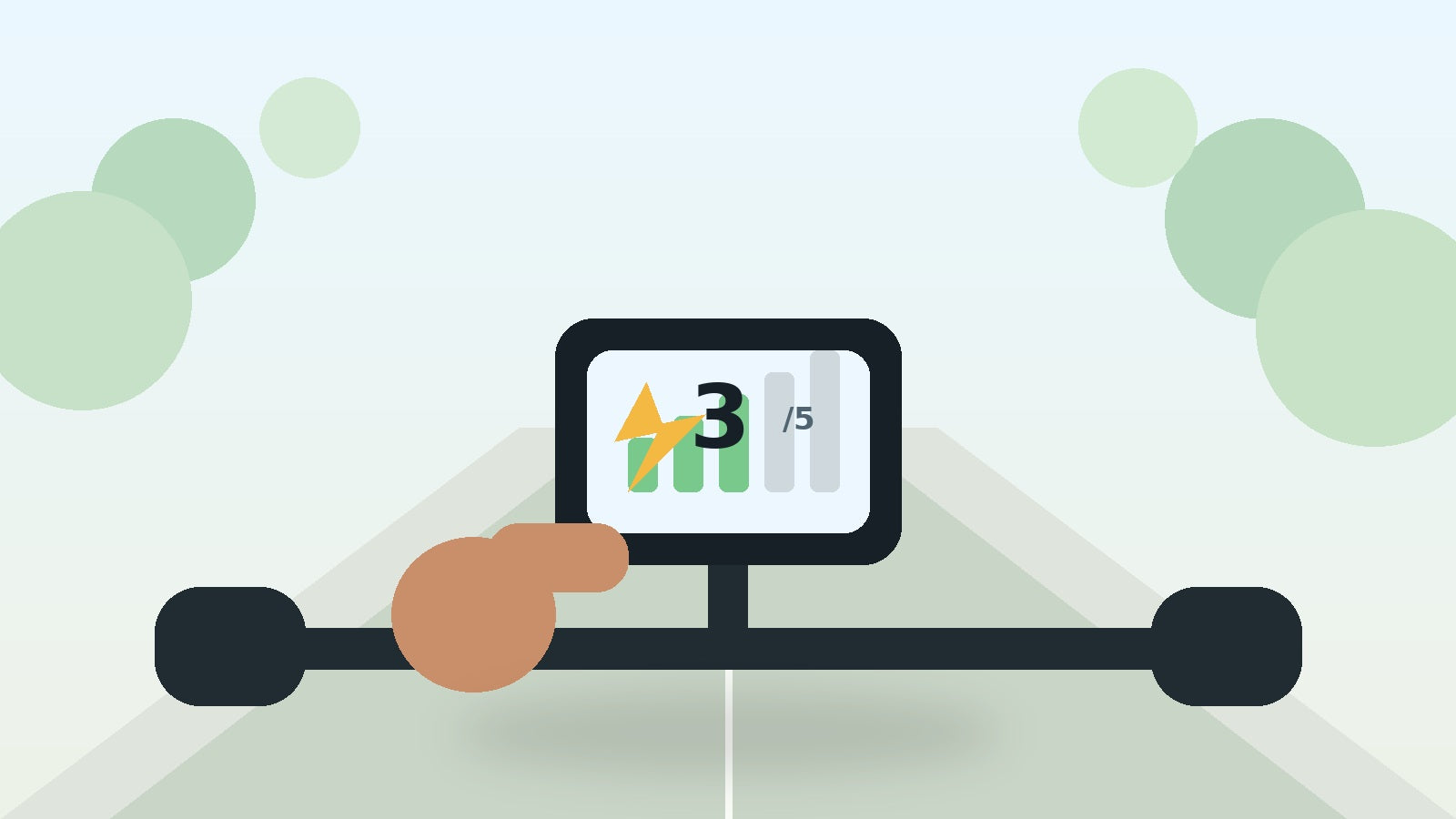 Illustration of an e-bike handlebar display showing pedal assist level three out of five on a sunny bike path