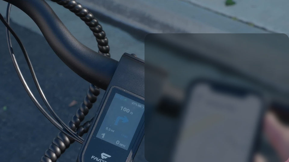E-bike cockpit with navigation screen and battery level visible during a ride