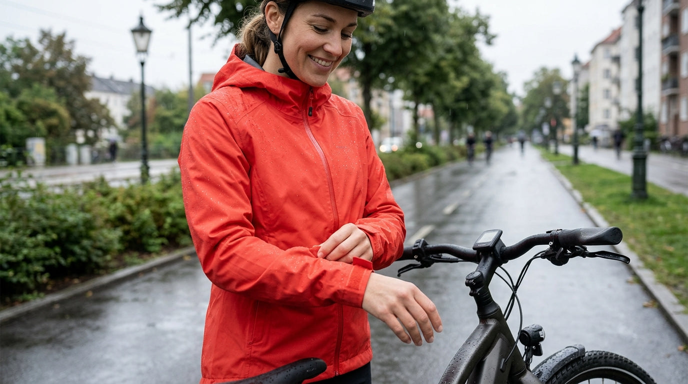 E-bike rider in a bright rain jacket adjusting a cuff beside handlebars on a damp city path after light rain.