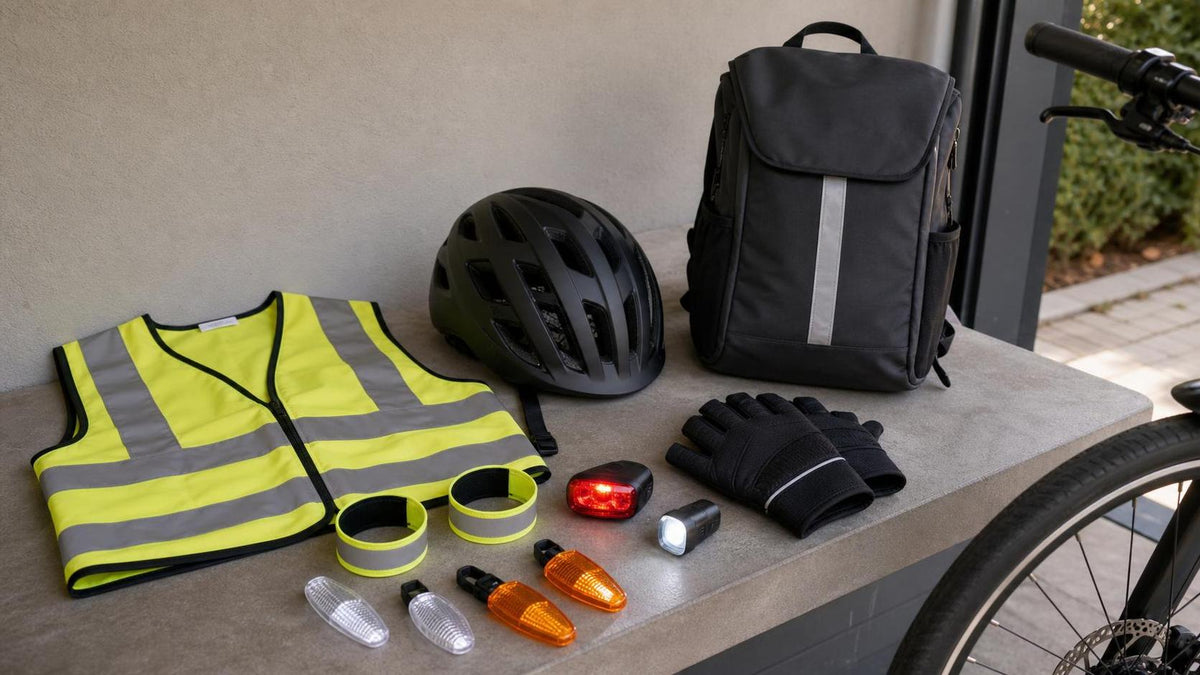 Reflective vest, ankle bands, lights, helmet, gloves, and backpack arranged beside an e-bike wheel for commuting visibility.