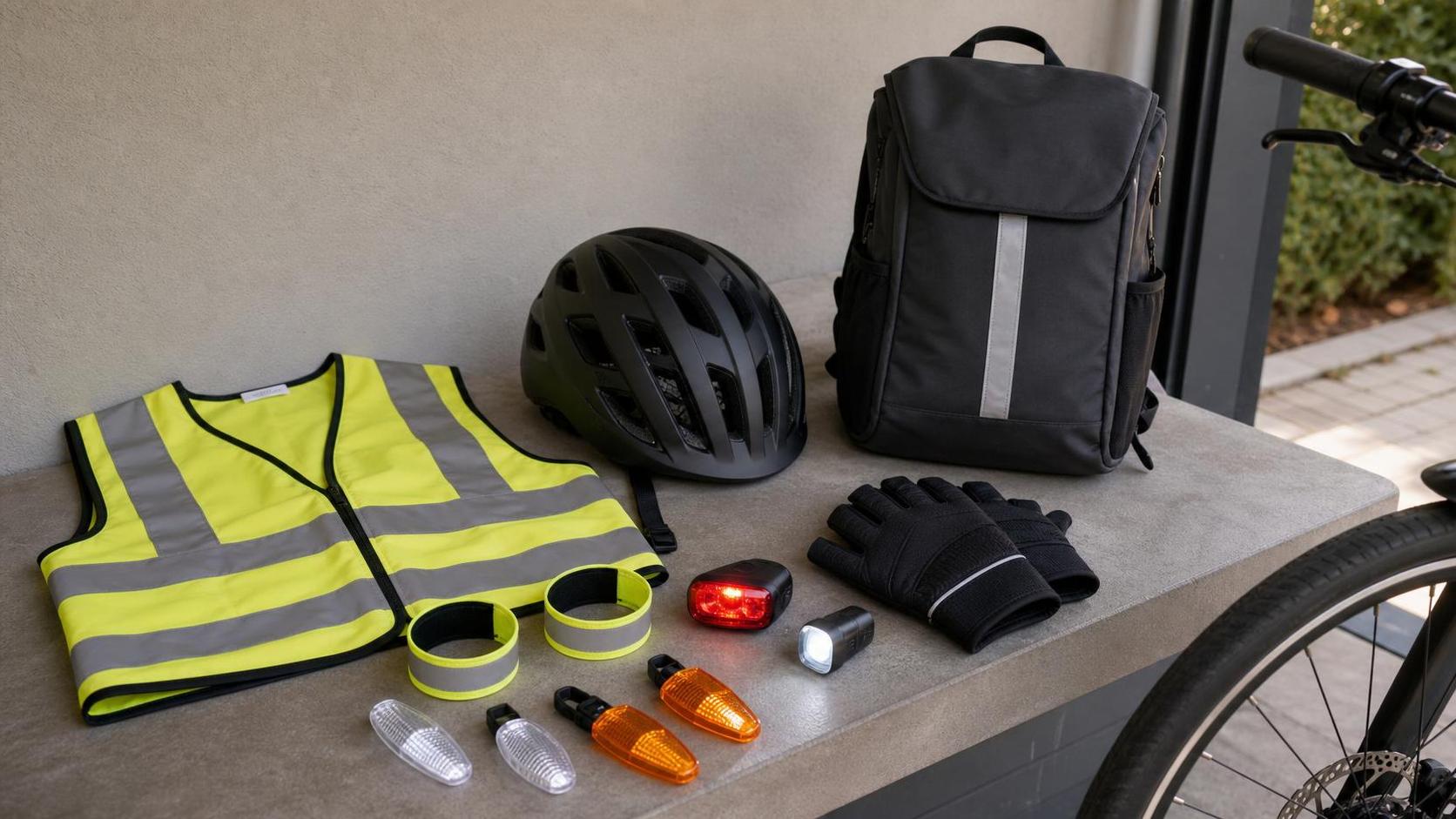 Reflective vest, ankle bands, lights, helmet, gloves, and backpack arranged beside an e-bike wheel for commuting visibility.