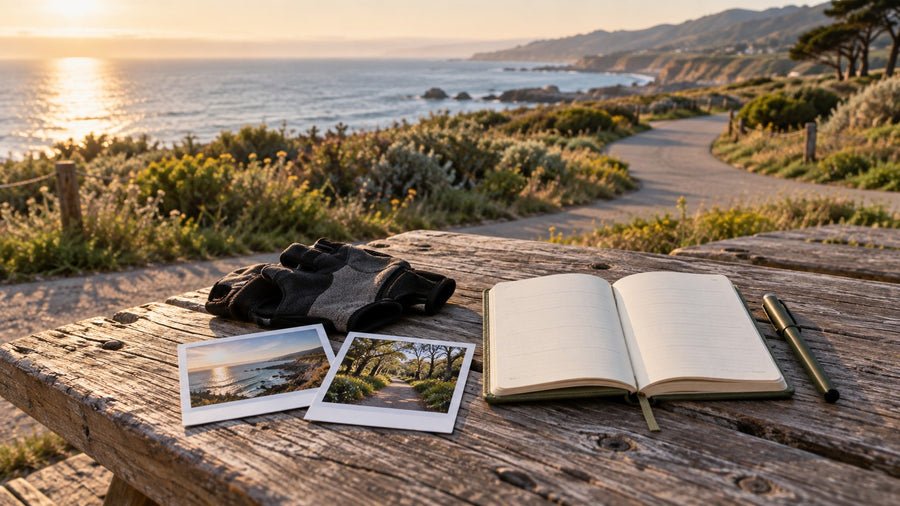 An open ride journal, cycling gloves and scenic photo prints beside a coastal path.