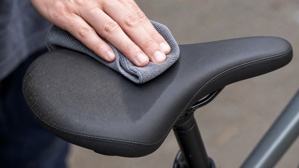 A bicycle saddle being wiped clean with a microfiber cloth
