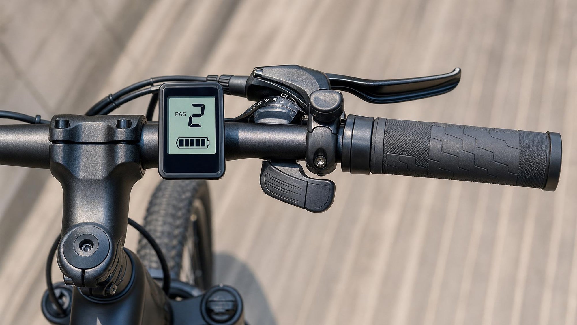 Close-up of an e-bike cockpit showing a thumb throttle near the right handlebar grip and a small LCD pedal-assist display in natural daylight