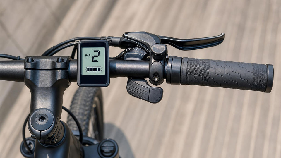 Close-up of an e-bike cockpit showing a thumb throttle near the right handlebar grip and a small LCD pedal-assist display in natural daylight