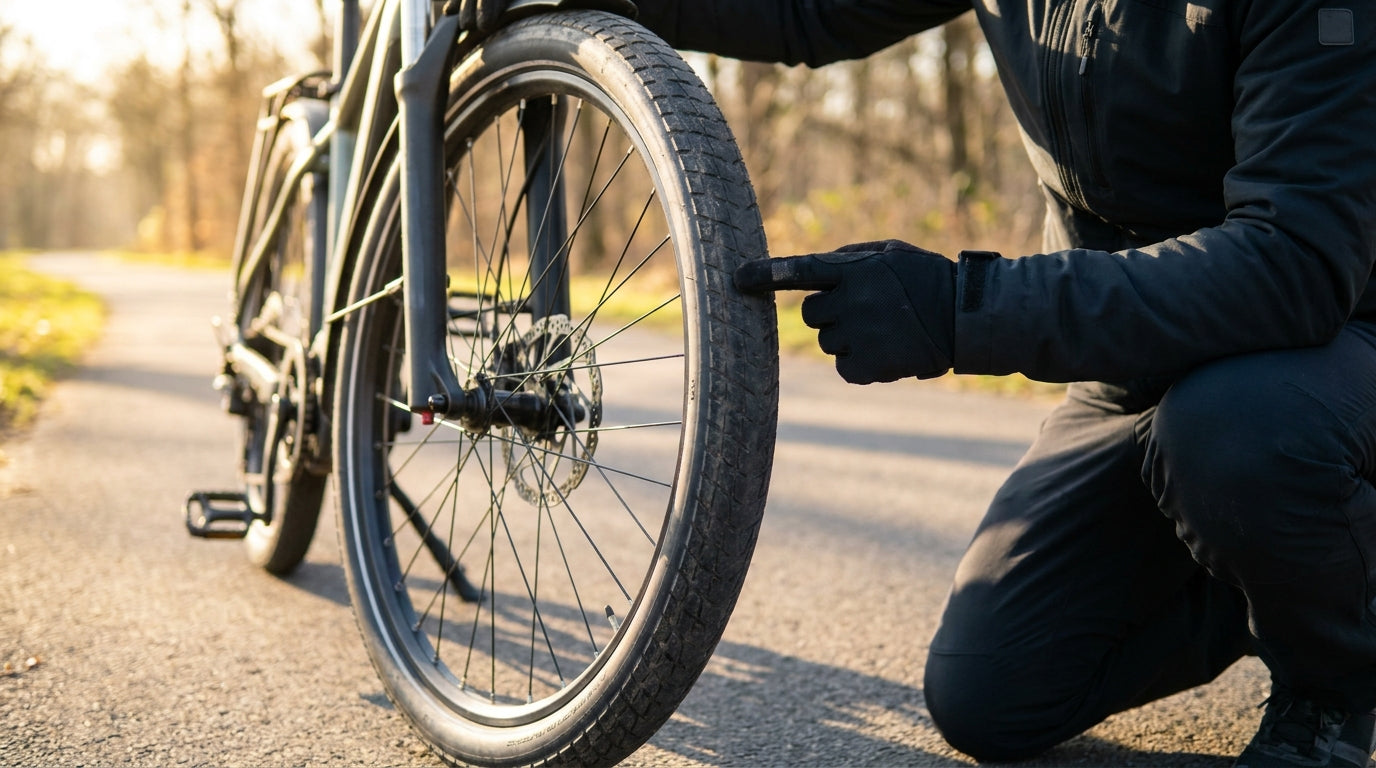 Close-up of an electric bike tire tread and wheel on a sunny paved bike path, with a rider kneeling beside the bike and pointing at the tread wear area