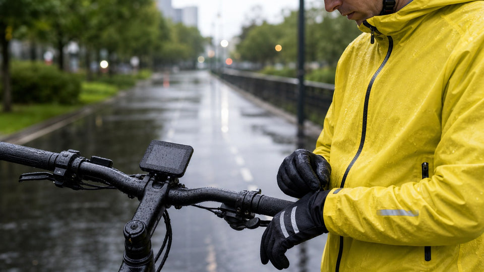 E-bike rider wearing water-resistant rain gear and gloves on a wet urban bike path