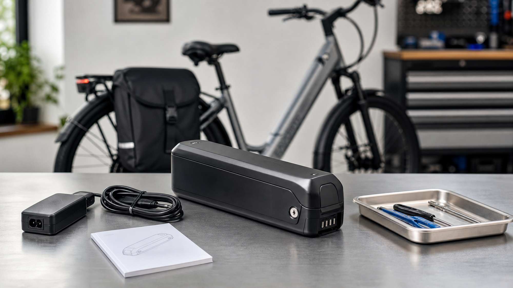 E-bike battery maintenance setup with charger and clean workspace