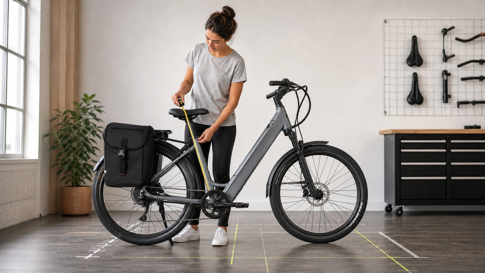 Rider checking e-bike fit and sizing for a comfortable ride