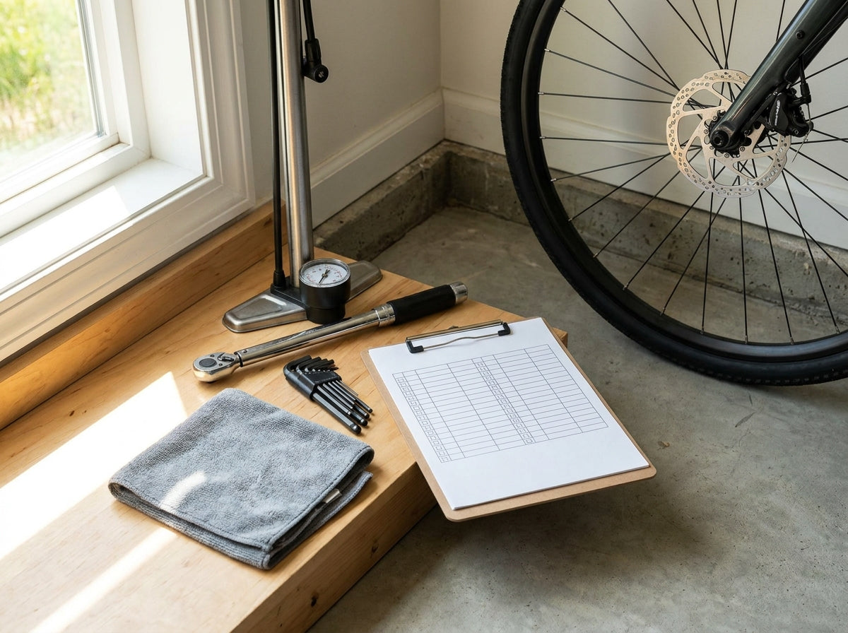 E-bike maintenance schedule setup with floor pump, pressure gauge, tools, checklist, and bike wheel in a clean home workshop