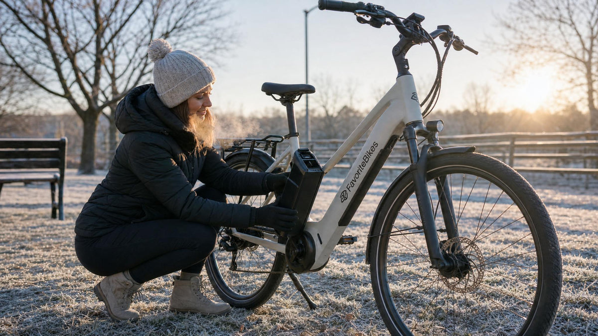 A rider in a warm winter jacket and gloves holds a removable FavoriteBikes lithium-ion ebike battery next to a step-through commuter electric bike parked on a frosty morning path with bare trees in the background