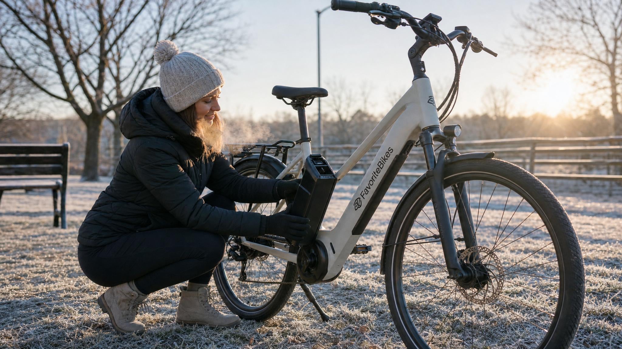 A rider in a warm winter jacket and gloves holds a removable FavoriteBikes lithium-ion ebike battery next to a step-through commuter electric bike parked on a frosty morning path with bare trees in the background