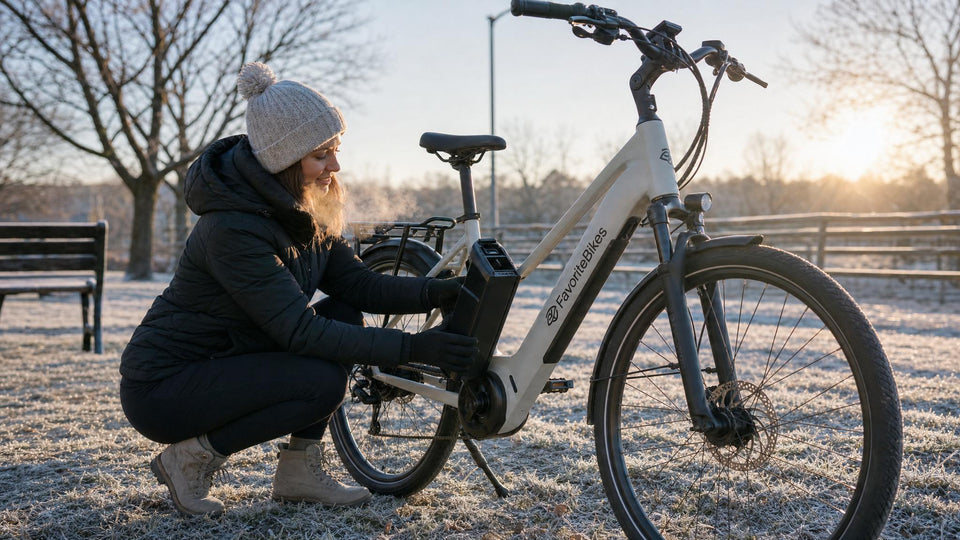 A rider in a warm winter jacket and gloves holds a removable FavoriteBikes lithium-ion ebike battery next to a step-through commuter electric bike parked on a frosty morning path with bare trees in the background